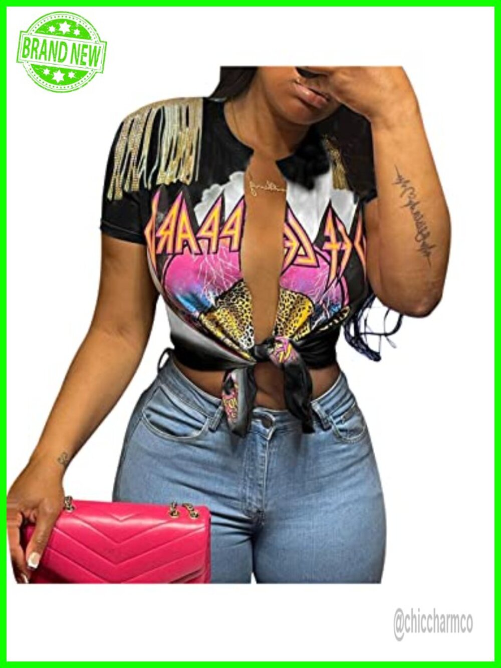 Women Sexy Graphic Crop Top V Neck Knot Front Short Sleeve T Shirt